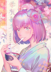Rule 34 | 1girl, akeome, blue eyes, blue kimono, blush, boar, bob cut, bowl, cherry blossoms, chinese zodiac, chopsticks, commentary request, eating, flower, from side, hair flower, hair ornament, happy new year, highres, holding, japanese clothes, kimono, long sleeves, looking at viewer, nengajou, new year, obi, original, pig, pink flower, pink hair, pink lips, purple hair, red flower, sash, short hair, smile, solo, upper body, year of the pig, yukata, yumemizuki, zouni soup