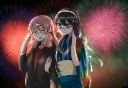 Rule 34 | 10s, 2girls, akashi (kancolle), holding another&#039;s arm, blush, fireworks, glasses, green eyes, hair ribbon, hairband, holding own arm, japanese clothes, jouhou, kantai collection, kimono, long hair, multiple girls, one eye closed, ooyodo (kancolle), open mouth, pink hair, ribbon, school uniform, smile, tress ribbon, twintails, yukata