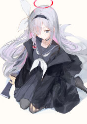 1girl absurdres black_choker black_coat black_eyes black_hairband black_sailor_collar black_serafuku blue_archive blush braid choker coat colored_inner_hair hair_over_one_eye hairband halo heart heart_halo highres ichika_(ichika87) long_hair looking_at_viewer multicolored_hair neckerchief pink_hair pink_halo plana_(blue_archive) red_halo red_pupils ribbon sailor_collar school_uniform serafuku simple_background sitting solo wariza white_background white_choker white_hair white_neckerchief white_ribbon