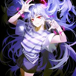 Rule 34 | arms up, artist name, bad id, bad pixiv id, black background, black shorts, character request, closed mouth, copyright request, floating hair, hands up, looking at viewer, messy hair, purple hair, red eyes, shirt, short sleeves, shorts, simple background, striped clothes, striped shirt, sukja, twintails