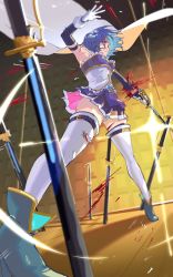 Rule 34 | 1girl, blood, blood on arm, blood on leg, blue eyes, blue hair, blue skirt, cape, commentary, cuts, detached sleeves, dutch angle, field of blades, gloves, gluteal fold, highres, injury, legs, legs apart, mahou shoujo madoka magica, mahou shoujo madoka magica (anime), miki sayaka, panties, pantyshot, planted, planted sword, planted weapon, saber (weapon), short hair, skirt, solo, standing, sword, thighhighs, thighs, torn clothes, torn thighhighs, underwear, upskirt, view between legs, weapon, white cape, white gloves, white panties, white thighhighs, wind, wind lift, yooki (winter cakes)