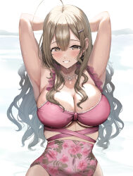 Rule 34 | 1girl, ahoge, ariaridoradora, armpits, arms up, blush, breasts, brown hair, cleavage, covered navel, floral print, grin, highres, huge ahoge, idolmaster, idolmaster shiny colors, kuwayama chiyuki, large breasts, long hair, looking at viewer, one-piece swimsuit, outdoors, pink one-piece swimsuit, smile, solo, swimsuit, upper body, very long hair