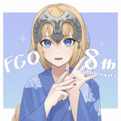 Rule 34 | 1girl, anniversary, blonde hair, blue eyes, blue kimono, blue nails, fate/grand order, fate (series), finger counting, fujiwara nazuna, headpiece, highres, japanese clothes, jeanne d&#039;arc (fate), jeanne d&#039;arc (ruler) (fate), kimono, long hair, looking at viewer, open mouth, smile, solo, sparkle, upper body