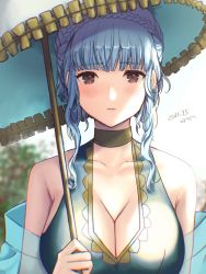 Rule 34 | 1girl, 2021, artist name, bare shoulders, bikini, blue bikini, blue hair, blunt bangs, blush, braid, breasts, brown eyes, choker, cleavage, closed mouth, collarbone, commentary request, crown braid, dated, fire emblem, fire emblem: three houses, fire emblem heroes, highres, holding, holding umbrella, large breasts, lips, looking at viewer, marianne von edmund, nintendo, official alternate costume, plant, see-through, short hair, sidelocks, signature, solo, swimsuit, umbrella, upper body, yamamori kinako
