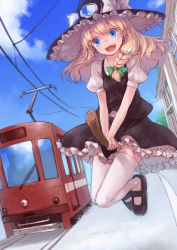 Rule 34 | 1girl, blonde hair, bow, braid, broom, broom riding, female focus, flying, goggles, goggles on headwear, hair bow, hair ribbon, hat, hat bow, junwool, kirisame marisa, mary janes, open mouth, overhead line, ribbon, shirt, shoes, skirt, skirt set, smile, solo, streetcar, thighhighs, touhou, train, vest, white thighhighs, witch, witch hat, zettai ryouiki