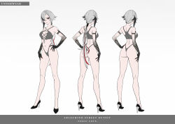 1girl absurdres arlecchino_(genshin_impact) bare_legs bare_shoulders black_shoes character_sheet full_body genshin_impact grey_hair hand_on_own_hip high_heels highleg highleg_panties highres low_ponytail multicolored_hair multiple_views nababa panties ponytail solo thong underwear underwear_only