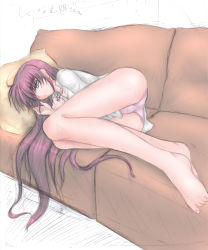 Rule 34 | 00s, 1girl, ass, barefoot, blue eyes, couch, hair down, long hair, lyrical nanoha, mahou shoujo lyrical nanoha, mahou shoujo lyrical nanoha a&#039;s, mahou shoujo lyrical nanoha strikers, minatsuki randoseru, on couch, panties, pink hair, shirt, signum, solo, underwear