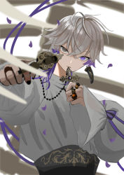 Rule 34 | 1boy, aiming, aiming at viewer, black nails, blurry, chomandsugarbunny, cross, cross necklace, depth of field, earrings, fang, finger on trigger, frown, giant skeleton, grey eyes, grey hair, gun, handgun, hands up, heterochromia, highres, holding, holding gun, holding weapon, jewelry, long hair, long sleeves, looking at viewer, male focus, multicolored hair, multiple rings, nail polish, necklace, object kiss, original, outstretched arm, petals, puffy long sleeves, puffy sleeves, purple eyes, purple hair, purple ribbon, reaching, reaching towards viewer, ribbon, ribs, ring, rosary, serious, shirt, solo, thighhighs, two-tone hair, upper body, weapon, white background, white shirt
