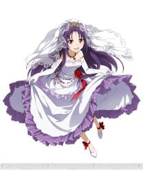 Rule 34 | 10s, 1girl, breasts, bridal veil, cleavage, cross, cross necklace, dress, elbow gloves, full body, gloves, jewelry, library, long hair, necklace, open mouth, pointy ears, purple hair, red eyes, red ribbon, ribbon, see-through, simple background, small breasts, solo, strapless, strapless dress, sword art online, sword art online: code register, veil, very long hair, voile, wedding dress, white background, white gloves, yuuki (sao)