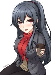 Rule 34 | 10s, 1girl, alternate costume, black hair, blush, breasts, casual, coat, coffee cup, cup, disposable cup, don (29219), hair between eyes, kantai collection, large breasts, long hair, long sleeves, looking at viewer, open clothes, open coat, open mouth, pants, ponytail, red eyes, red scarf, scarf, scrunchie, simple background, sitting, smile, solo, twitter username, white background, yahagi (kancolle)
