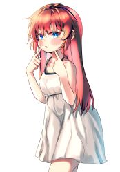 Rule 34 | 1girl, absurdres, bad id, bad twitter id, blue eyes, blush, brown hair, dress, finger to mouth, hand to own mouth, highres, kosobin, long hair, open mouth, original, pointing, pointing at self, simple background, sleeveless, sleeveless dress, solo, sundress, white background, white dress