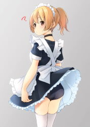 Rule 34 | 1girl, ?, apron, ass, black choker, black dress, blonde hair, blush, breasts, brown eyes, choker, closed mouth, commentary request, dress, frilled apron, frilled dress, frills, from behind, grey background, hair between eyes, highres, maid, maid apron, maid headdress, original, ponytail, puffy short sleeves, puffy sleeves, school swimsuit, shibacha, short sleeves, simple background, small breasts, solo, swimsuit, swimsuit under clothes, thighhighs, white apron, white thighhighs