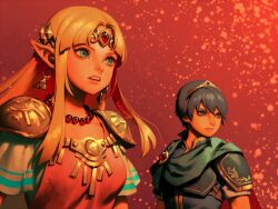 Rule 34 | 1boy, 1girl, anniversary, armor, bead necklace, beads, bellhenge, blonde hair, blue armor, blue eyes, blue hair, blue scarf, blue tunic, blunt bangs, blunt ends, breastplate, brooch, cape, circlet, closed mouth, commentary, dress, english commentary, eyelashes, fire emblem, frown, gem, gold headband, gold trim, high collar, jewelry, long hair, looking ahead, marth (fire emblem), necklace, nintendo, parted bangs, parted lips, pink lips, pink tabard, pointy ears, prince, princess, princess zelda, red background, red cape, red gemstone, scarf, short hair, short sleeves, shoulder pads, sidelocks, square neckline, super smash bros., tabard, teeth, the legend of zelda, the legend of zelda: a link between worlds, tiara, triforce earrings, upper body, v-shaped eyebrows, white dress