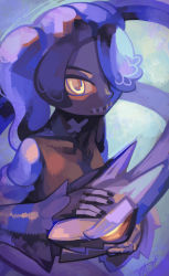 Rule 34 | 1girl, alternate color, black nails, blue hair, breasts, dark skin, dark-skinned female, detached collar, detached sleeves, hair over one eye, leviathan (skullgirls), long hair, looking at viewer, nail polish, side ponytail, skullgirls, solo, squigly (skullgirls), stitched mouth, stitches, woofycakes, yellow eyes, zombie