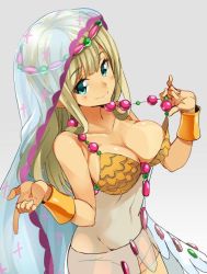 Rule 34 | 1girl, alessandra susu, beads, bikini, blonde hair, blue eyes, blush, bracelet, breasts, circlet, cleavage, closed mouth, covered navel, cowboy shot, cross, eyebrows, female focus, frills, from side, gradient background, grey background, groin, harem outfit, jewelry, large breasts, light smile, long hair, looking at viewer, mirai denki, navel, pointing, sarong, see-through, sideboob, sidelocks, silver hair, simple background, sketch, smile, solo, standing, strap pull, swimsuit, tan, tanline, tokyo 7th sisters, veil
