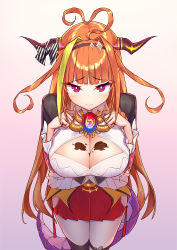 Rule 34 | 1girl, absurdres, ahoge, black thighhighs, blonde hair, blouse, blunt bangs, blush, bow, breasts, breasts squeezed together, brooch, chocolate, chocolate on body, chocolate on breasts, cleavage, cleavage cutout, closed mouth, clothing cutout, dragon horns, dragon tail, food on body, frilled sleeves, frills, from above, gradient background, hairband, heart, heart ahoge, highres, hololive, horn bow, horn ornament, horns, huge filesize, jewelry, kiryu coco, kiryu coco (1st costume), large breasts, long hair, long sleeves, looking at viewer, miniskirt, multicolored hair, nogami (minamiituki), orange hair, pleated skirt, purple background, red eyes, red skirt, shirt, side slit, sidelocks, skirt, solo, standing, straight hair, tail, thighhighs, thighs, two-tone hair, virtual youtuber, white shirt