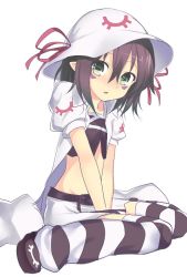 Rule 34 | 1girl, bad id, bad pixiv id, dai (uhyoko1102151), facial mark, hat, merry nightmare, midriff, navel, pointy ears, short hair, simple background, sitting, skirt, solo, striped clothes, striped thighhighs, thighhighs, wariza, white background, yumekui merry