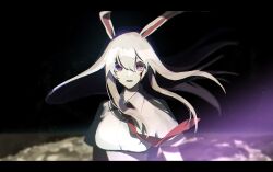 Rule 34 | 1girl, animal ears, black border, black sky, blood, blood on face, border, breasts, collared shirt, commentary request, fuuga (perv rsity), grey hair, hair between eyes, highres, injury, light, long hair, looking at viewer, medium breasts, moon, necktie, open mouth, rabbit ears, red eyes, red necktie, reisen udongein inaba, shirt, short sleeves, sidelocks, sky, solo, space, standing, touhou, white shirt