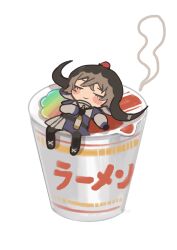Rule 34 | 1girl, absurdres, arknights, black footwear, black gloves, black pantyhose, blush stickers, bottle, brown hair, buchi0122, chibi, closed eyes, closed mouth, dress, gloves, highres, holding, holding bottle, horns, lying, nissin cup noodle, on back, pallas (arknights), pantyhose, purple dress, shoes, simple background, solo, steam, white background