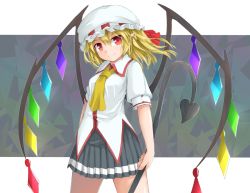 Rule 34 | 1girl, alternate costume, ascot, black skirt, blonde hair, cowboy shot, crystal, flandre scarlet, grey background, hair between eyes, hair ribbon, hat, holding, holding weapon, laevatein, looking at viewer, mob cap, pleated skirt, pointy ears, puffy short sleeves, puffy sleeves, red eyes, red ribbon, ribbon, shirt, short sleeves, skirt, sleeve cuffs, smile, solo, standing, touhou, uumaru1869, weapon, white hat, white shirt, wings