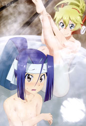 Rule 34 | absurdres, ahoge, barefoot, bathing, blonde hair, blue eyes, blue hair, blush, blush stickers, body blush, breast hold, breasts, choukadou girl 1/6, collarbone, convenient censoring, feet, hair between eyes, headband, headgear, highres, legs up, long hair, looking at viewer, megami magazine, nona (choukadou girl 1/6), nude, official art, ponytail, scan, shiny skin, short hair, small breasts, steam, steam censor, water, wet, yamana hidekazu
