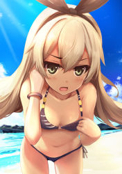 Rule 34 | 10s, 1girl, bare shoulders, beach, bikini, blonde hair, blue sky, blush, bow, bracelet, cloud, day, fang, green eyes, hair bow, hairband, jewelry, kantai collection, leaning forward, long hair, looking at viewer, navel, open mouth, outdoors, rods, shimakaze (kancolle), side-tie bikini bottom, sky, solo, sunlight, swimsuit