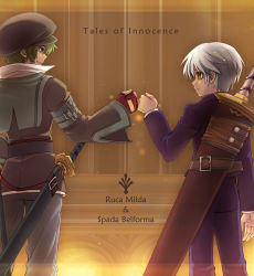 Rule 34 | 2boys, alfa system, belt, blue eyes, brown background, character name, clenched hand, coat, copyright name, fingerless gloves, fist bump, gloves, green hair, grin, hat, multiple boys, pants, retpa, ruca milda, scabbard, sheath, smile, spada belforma, tales of (series), tales of innocence, white hair, yellow eyes