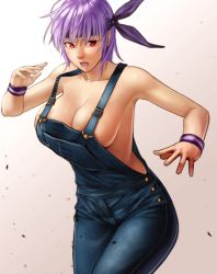 Rule 34 | 1girl, ayane (doa), breasts, cleavage, dead or alive, denim, fighting stance, headband, large breasts, naked overalls, open mouth, overalls, purple hair, red eyes, short hair, simple background, solo, tecmo, tkln, topless, wristband