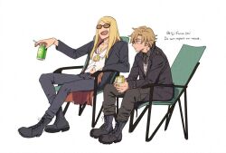 Rule 34 | 2boys, :d, asaya minoru, between fingers, black footwear, black jacket, black necktie, black pants, black shirt, blonde hair, boots, brown-tinted eyewear, brown hair, can, cigarette, closed eyes, closed mouth, collarbone, collared shirt, cross-laced footwear, daybit sem void, english text, fang, fate/grand order, fate (series), holding, holding can, holding cigarette, jacket, lace-up boots, long hair, long sleeves, looking away, male focus, multiple boys, navel, necktie, on chair, open clothes, open jacket, open mouth, pants, parted bangs, shirt, simple background, sitting, smile, striped clothes, striped vest, sunglasses, tezcatlipoca (fate), thick eyebrows, tinted eyewear, twitter username, vest, white background, white shirt