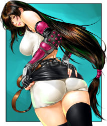 Rule 34 | 1girl, ass, back, bare shoulders, belt, black border, black gloves, black hair, black panties, black thighhighs, blue background, blush, border, breasts, brown eyes, clothes lift, commentary request, elbow pads, final fantasy, final fantasy vii, final fantasy vii remake, fingerless gloves, gauntlets, gloves, gradient background, green background, huge ass, large breasts, lifted by self, lips, long hair, looking at viewer, looking back, looking down, low-tied long hair, miniskirt, outside border, panties, pencil skirt, see-through, self exposure, shinobu (tyno), short shorts, shorts, shorts under skirt, simple background, skindentation, skirt, skirt lift, solo, suspenders, suspenders hanging, thighhighs, thighs, tifa lockhart, underwear, upset, very long hair, white border, white shorts