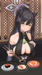 Rule 34 | 1girl, animal ears, bare shoulders, black dress, black hair, blue archive, blue hair, blue halo, breasts, bridal gauntlets, chopsticks, closed mouth, collarbone, colored inner hair, dress, food, green eyes, hair ornament, halo, highres, holding, holding chopsticks, jamgom, large breasts, long hair, looking at viewer, multicolored hair, plate, ponytail, sausage, shun (blue archive), sitting, solo, sushi, two-tone hair, underboob