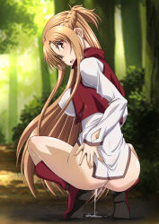 Rule 34 | 1girl, ass, asuna (sao), breasts, explorador sei, female focus, full body, large breasts, looking at viewer, looking back, nipples, outdoors, solo, sword art online