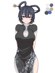Rule 34 | 1girl, alternate costume, arms behind back, black dress, black hair, blue eyes, blue hair, blush, breasts, china dress, chinese clothes, cleavage, cleavage cutout, clothing cutout, color guide, dress, hair ornament, hair stick, kaku seiga, kuroba rapid, large breasts, looking at viewer, matching hair/eyes, pelvic curtain, smile, solo, thighs, touhou