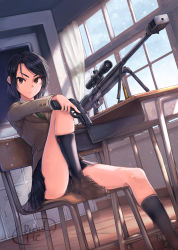 Rule 34 | 1girl, absurdres, anti-materiel rifle, artist name, bad id, bad pixiv id, barrett m82, beretta 92, bipod, black hair, black panties, black skirt, black socks, blue socks, bolt action, brown eyes, brown footwear, chair, chalkboard, classroom, curtains, day, desk, dreadtie, dutch angle, feet out of frame, frown, gun, hand on own knee, handgun, highres, holding, holding gun, holding weapon, indoors, jacket, knee up, loafers, long sleeves, looking at viewer, necktie, original, panties, pantyshot, pleated skirt, rifle, school, school chair, school desk, school uniform, scope, serious, shell casing, shoes, short hair, signature, sitting, skirt, sniper rifle, socks, solo, steyr hs .50, sunlight, trigger discipline, underwear, v-shaped eyebrows, weapon, window