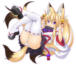Rule 34 | 1girl, :&gt;, animal ears, ass, bell, blonde hair, clog sandals, fox ears, fox shadow puppet, fox tail, hair bell, hair ornament, japanese clothes, jewelry, jingle bell, legs up, long hair, looking at viewer, magatama, necklace, okobo, original, panties, pleated skirt, purple eyes, sandals, simple background, skirt, solo, somejima, tail, thighhighs, twintails, underwear, white background, white panties, white thighhighs