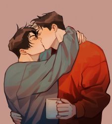 Rule 34 | 2boys, arms around neck, batman (series), black hair, brothers, chengzhineixihuanxiaogou, cup, dc comics, dick grayson, closed eyes, grey sweater, hand on another&#039;s back, highres, holding, holding cup, jason todd, kiss, male focus, multicolored hair, multiple boys, red sweater, short hair, siblings, sweater, two-tone hair, upper body, white hair, yaoi