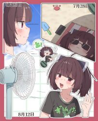 1girl ahoge beach blunt_bangs blush brown_hair commentary_request crab dated electric_fan headgear highres jitome mizusaki_nakono phone shirt shovel suikawari summer sunglasses sweat t-shirt timestamp touhoku_kiritan tree_shade twintails voiceroid voicevox zundamon