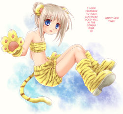 Rule 34 | 1girl, akeome, ali (artist), animal ears, animal hands, animal print, blonde hair, blue eyes, boots, costume, double bun, hair bun, happy new year, hard-translated, little busters!, long hair, new year, noumi kudryavka, shorts, solo, tail, third-party edit, tiger ears, tiger paws, tiger print, translated