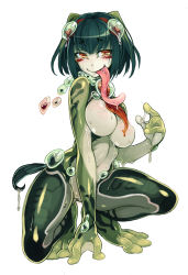 Rule 34 | 1girl, black hair, blush, breasts, colored skin, frog girl, full body, green hair, green skin, kenkou cross, large breasts, long tongue, looking at viewer, monster girl, monster girl encyclopedia, mucus toad (monster girl encyclopedia), navel, official art, pussy, short hair, simple background, smile, solo, tongue, tongue out, webbed feet, webbed hands, white background, yellow eyes