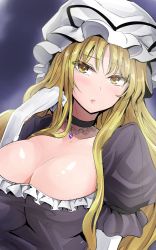 Rule 34 | 1girl, black choker, black ribbon, blonde hair, blush, breasts, choker, cleavage, collarbone, colored eyelashes, commentary request, dress, elbow gloves, frills, gloves, hand up, hat, hat ribbon, head tilt, highres, large breasts, long hair, looking at viewer, mob cap, one-hour drawing challenge, parted lips, pink lips, puffy short sleeves, puffy sleeves, purple background, purple dress, ribbon, shiny skin, short sleeves, solo, touhou, upper body, white gloves, white hat, y2, yakumo yukari, yellow eyes