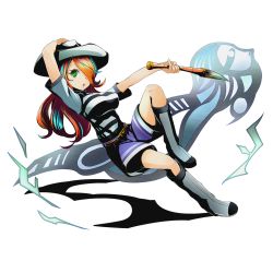 Rule 34 | 10s, 1girl, belt, blue hair, boots, divine gate, full body, green eyes, grey footwear, hair over one eye, hand on headwear, hat, holding, knee boots, long hair, looking at viewer, multicolored hair, official art, open mouth, orange hair, pablo (divine gate), shadow, shirt, short sleeves, shorts, solo, striped clothes, striped shirt, transparent background, two-tone hair, ucmm, white hat