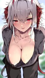 Rule 34 | 1girl, :p, arknights, black pants, black shirt, blush, breasts, cleavage, collarbone, commentary request, hair between eyes, highres, horns, kyuu (plastic night q), large breasts, looking at viewer, no nipples, pants, red eyes, red horns, shirt, short hair, solo, sweat, tongue, tongue out, w (arknights), w (fugue) (arknights), white hair