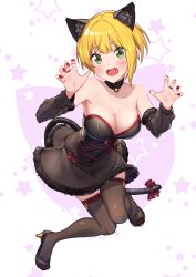 Rule 34 | 1girl, absurdres, animal ears, baffu, bare shoulders, bell, black dress, black footwear, black thighhighs, blonde hair, blush, bow, breasts, cat ears, cat tail, choker, cleavage, collarbone, commentary request, detached sleeves, dress, eyelashes, fang, full body, fur trim, green eyes, high heels, highres, idolmaster, idolmaster cinderella girls, jingle bell, kemonomimi mode, large breasts, looking at viewer, miyamoto frederica, nail polish, neck bell, open mouth, pumps, red nails, ribbon, short hair, solo, strapless, strapless dress, tail, tail bow, tail ornament, tail ribbon, thighhighs
