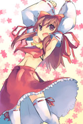 Rule 34 | 1girl, armpits, arms up, brown eyes, brown hair, detached sleeves, female focus, flat chest, frilled skirt, frills, hakurei reimu, midriff, mikage sekizai, open mouth, ribbon, ribs, skirt, solo, thighhighs, touhou