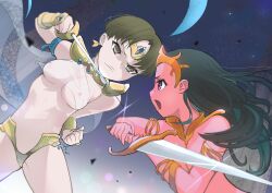 Rule 34 | 2girls, a princess of mars, barsoom, black hair, breasts, brown hair, colored skin, commentary, crescent moon, crown, dejah thoris, fanfic, fantasy, fighting, frown, half-siblings, highres, holding, holding sword, holding weapon, long hair, medium breasts, moon, multiple girls, nipples, nude, original, poi po poi, rapier, red skin, science fiction, short hair, sword, weapon, yuri