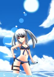 Rule 34 | 10s, 1girl, bad id, bad pixiv id, bottle, eyepatch, highres, infinite stratos, laura bodewig, lens flare, long hair, red eyes, silver hair, solo, submerged, sun, thigh strap, topzter, twintails, wading
