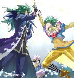 Rule 34 | 1boy, 2girls, asellus (saga frontier), cape, closed mouth, dress, flower, gloves, green hair, ildon, indesign, long hair, multiple girls, open mouth, princess white rose, red flower, red rose, rose, saga, saga frontier, short hair, sword, weapon