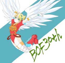 Rule 34 | 1girl, angel wings, armor, blonde hair, boots, breath of fire, breath of fire i, closed mouth, elbow gloves, feathered wings, full body, gloves, green eyes, hairband, highres, knee boots, leotard, looking at viewer, nina (breath of fire i), red leotard, short hair, smile, solo, thighhighs, white wings, wing34nina, wings
