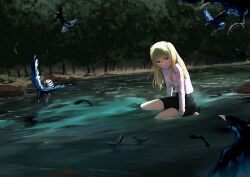 Rule 34 | 1girl, absurdres, arm support, barefoot, bird, black feathers, black skirt, blonde hair, blurry, blurry background, closed mouth, commentary, commission, crow, crying, crying with eyes open, english commentary, eudetenis, feathers, highres, hoshino ruby, long hair, long sleeves, looking at viewer, one side up, oshi no ko, outdoors, partially submerged, petals, pink eyes, river, second-party source, shirt, sidelocks, sitting, skirt, solo, spoilers, star-shaped pupils, star (symbol), symbol-shaped pupils, tears, tree, variant set, water, white shirt