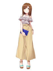 Rule 34 | 1girl, :&lt;, arm at side, blush, book, bow, brown hair, closed mouth, collarbone, criss-cross halter, full body, ginopi, halterneck, highres, holding, holding book, kunikida hanamaru, long hair, long skirt, looking at viewer, love live!, love live! school idol festival, love live! sunshine!!, off shoulder, sandals, shirt, short sleeves, simple background, skirt, smile, solo, standing, striped clothes, striped shirt, swept bangs, tareme, toes, white background, wristband, yellow bow, yellow eyes, yellow skirt